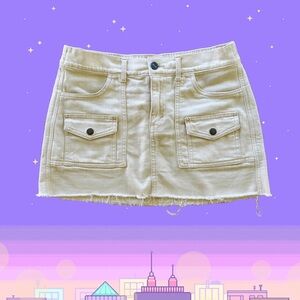 Stylish Aerie Cream Denim Frayed Distressed Hem Cargo Mini Skirt